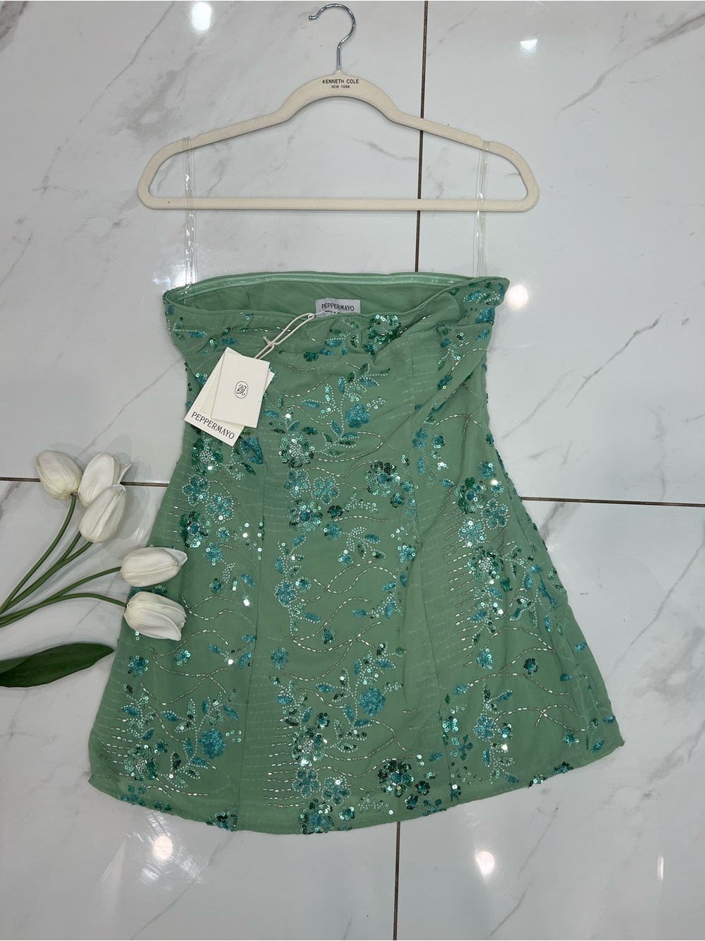 Peppermayo Mint Green Strapless Sequin Embellished Mini Dress